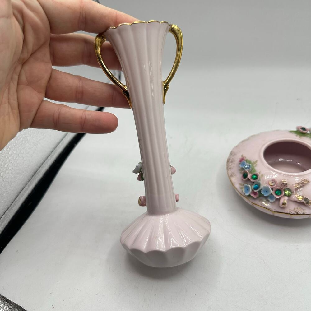 x2 vintage Lefton China floral vase and trinket dish feme lolita girlie regency - Picture 9 of 11
